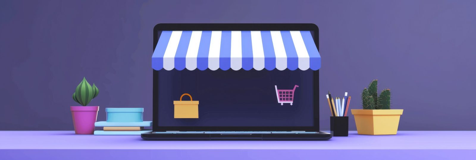 WooCommerce Store Design Laptop styled as an online storefront with a striped awning